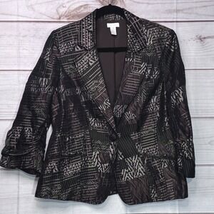 Chicos Blazer Jacket Womens 1 M Metallic Jacquard Abstract Bronze Olive Black